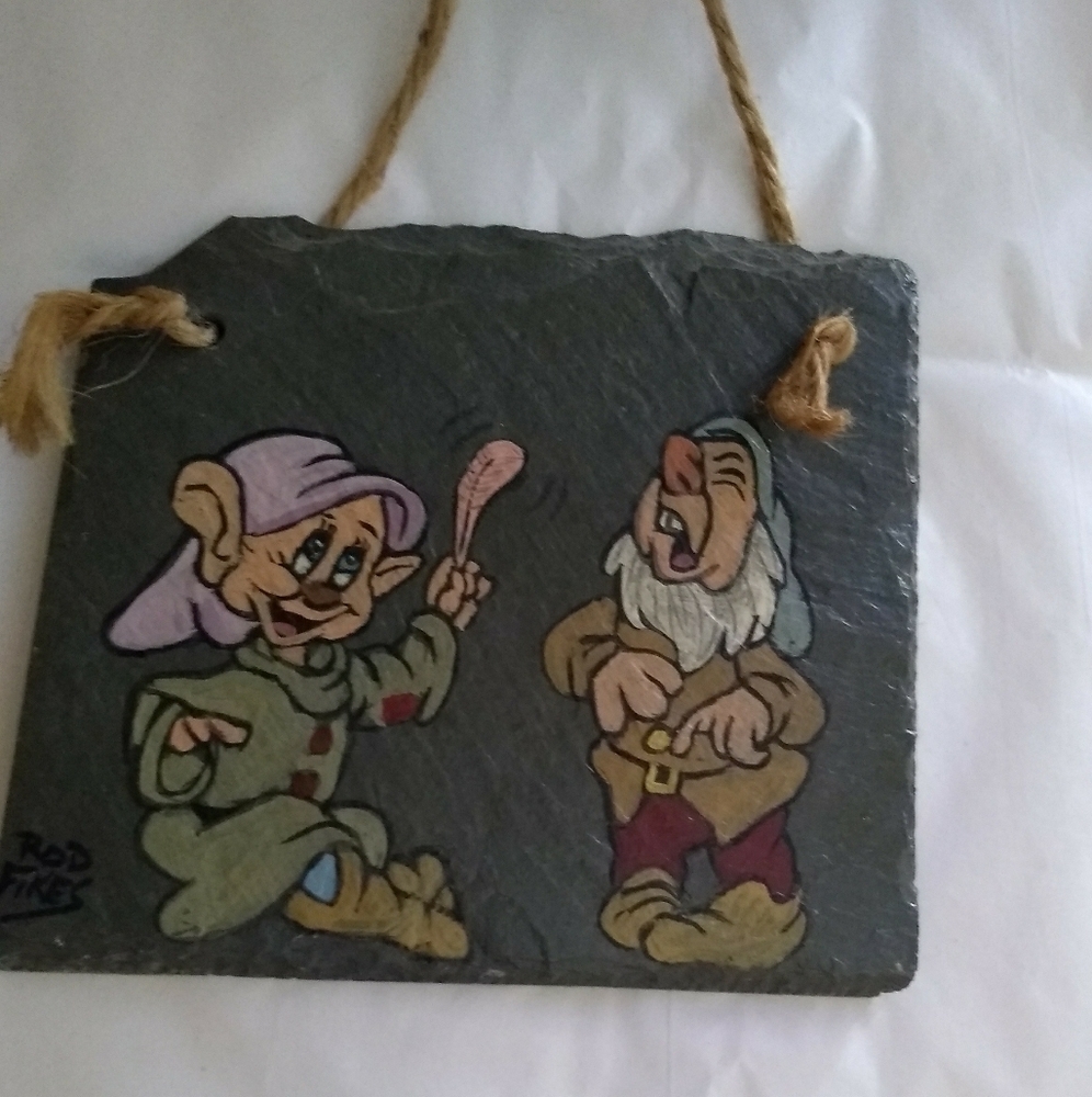 Vintage Rare Hand Painted Disney Dopey & Sneezy slate plaque